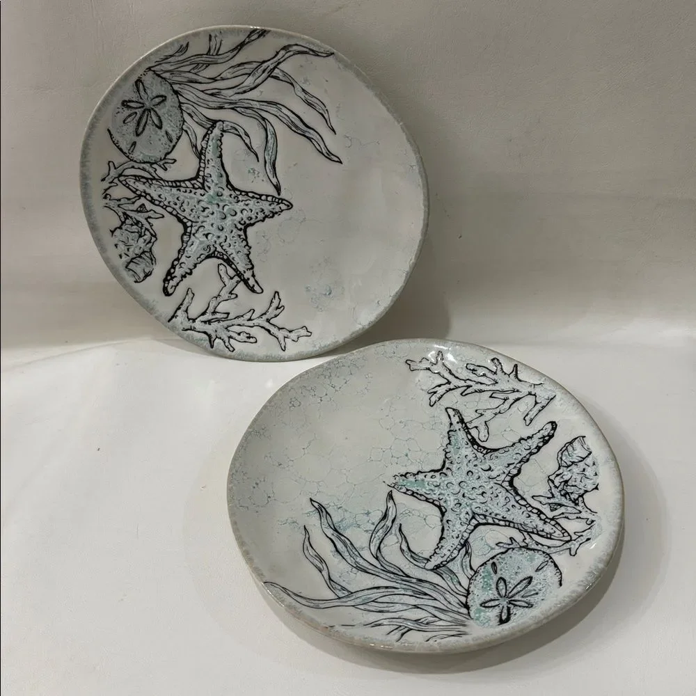 Spectrum Designz 2022 Sea Cove Island Coastal Ceramic 2 Plate Teal Blue White